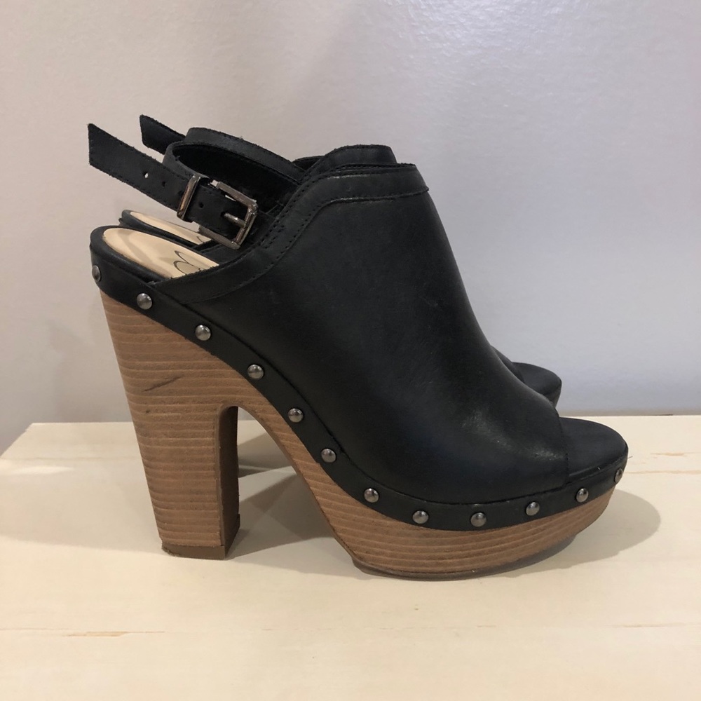 Black leather wedges